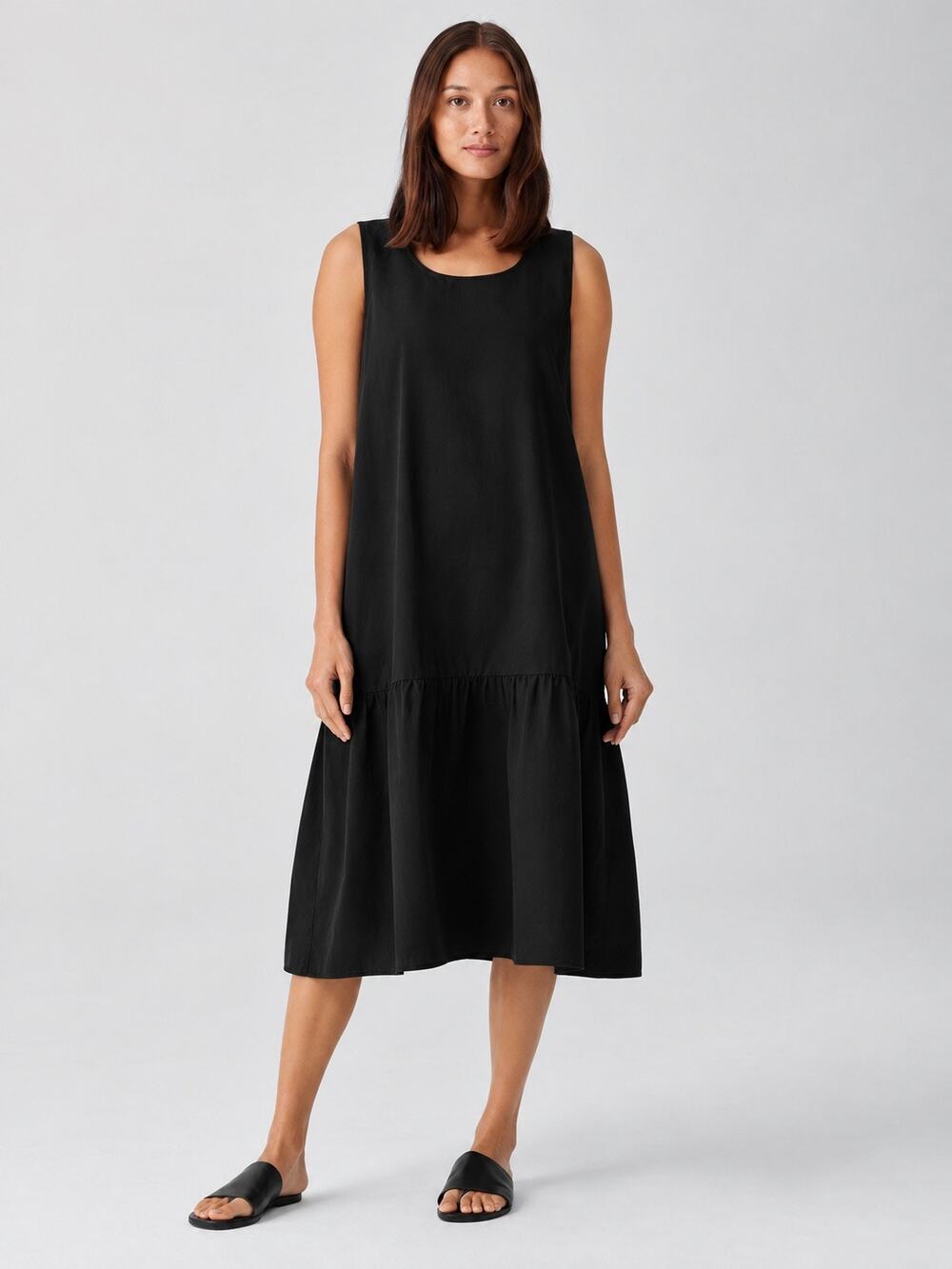 EILEEN FISHER Organic Cotton Pucker Tiered Dress Midi Black Medium Minimalist